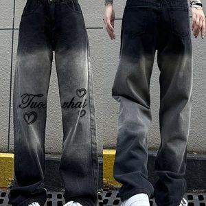 High-Waisted Black Gradient Heart Print Wide-Leg Pants for Women - American High Street Casual Slim-Fit Style