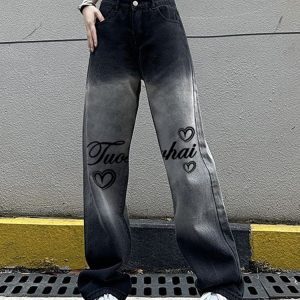 High-Waisted Black Gradient Heart Print Wide-Leg Pants for Women - American High Street Casual Slim-Fit Style