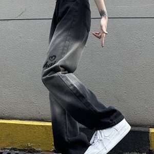 High-Waisted Black Gradient Heart Print Wide-Leg Pants for Women - American High Street Casual Slim-Fit Style