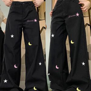 High-Waisted Black Jeans for Women - Trendy Embroidered Slim Straight Wide-Leg Pants - American Style High Street Fashion