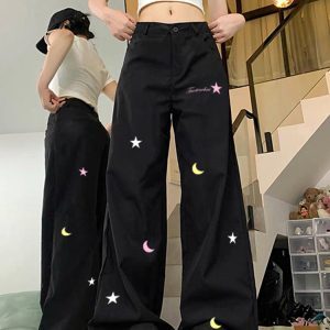 High-Waisted Black Jeans for Women - Trendy Embroidered Slim Straight Wide-Leg Pants - American Style High Street Fashion