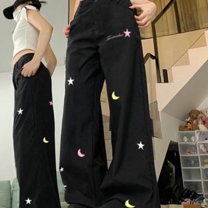High-Waisted Black Jeans for Women - Trendy Embroidered Slim Straight Wide-Leg Pants - American Style High Street Fashion