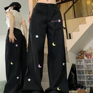 High-Waisted Black Jeans for Women - Trendy Embroidered Slim Straight Wide-Leg Pants - American Style High Street Fashion
