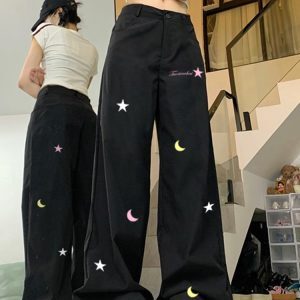 High-Waisted Black Jeans for Women - Trendy Embroidered Slim Straight Wide-Leg Pants - American Style High Street Fashion