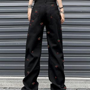 High-Waisted Black Jeans for Women with Cherry Embroidery, Slimming Casual Straight-Leg Wide-Leg Design, American High Street Style