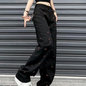 High-Waisted Black Jeans for Women with Cherry Embroidery, Slimming Casual Straight-Leg Wide-Leg Design, American High Street Style