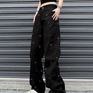 High-Waisted Black Jeans for Women with Cherry Embroidery, Slimming Casual Straight-Leg Wide-Leg Design, American High Street Style