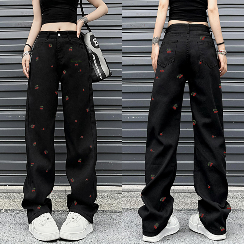 High-Waisted Black Jeans for Women with Cherry Embroidery, Slimming Casual Straight-Leg Wide-Leg Design, American High Street Style