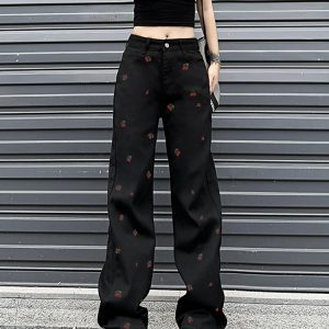 High-Waisted Black Jeans for Women with Cherry Embroidery, Slimming Casual Straight-Leg Wide-Leg Design, American High Street Style