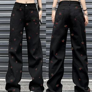 High-Waisted Black Jeans for Women with Cherry Embroidery, Slimming Casual Straight-Leg Wide-Leg Design, American High Street Style