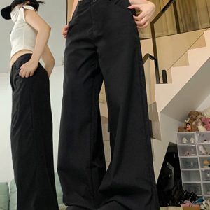 High-Waisted Black Wide-Leg Jeans for Women - Casual Slim-Fit American High Street Style, Versatile Floor-Length Design