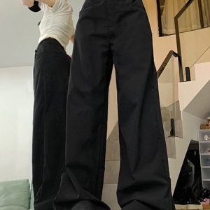 High-Waisted Black Wide-Leg Jeans for Women - Casual Slim-Fit American High Street Style, Versatile Floor-Length Design