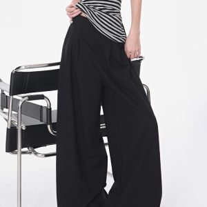 High-Waisted Black Wide-Leg Suit Pants for Women, Thin Pleated Draped Trousers, Trendy Summer Fashion, Chic Office Wear