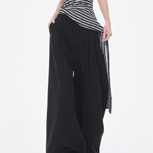 High-Waisted Black Wide-Leg Suit Pants for Women, Thin Pleated Draped Trousers, Trendy Summer Fashion, Chic Office Wear