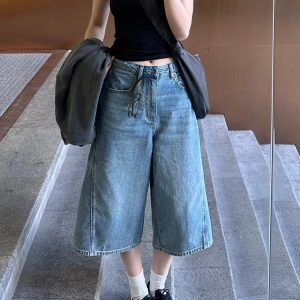 High-Waisted Blue Denim Capri Shorts for Women, Retro Loose Fit Straight Wide-Leg Summer Pants