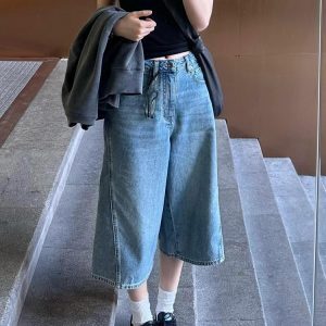 High-Waisted Blue Denim Capri Shorts for Women, Retro Loose Fit Straight Wide-Leg Summer Pants