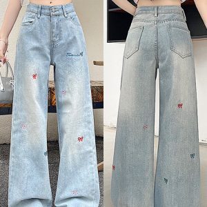 High-Waisted Blue Embroidered Casual Wide-Leg Pants for Women - American High Street Style, Versatile Slim-Fit Design