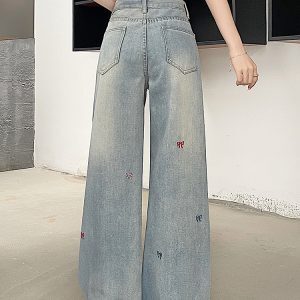 High-Waisted Blue Embroidered Casual Wide-Leg Pants for Women - American High Street Style, Versatile Slim-Fit Design
