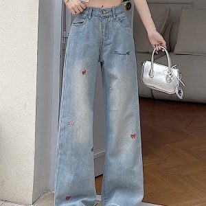 High-Waisted Blue Embroidered Casual Wide-Leg Pants for Women - American High Street Style, Versatile Slim-Fit Design