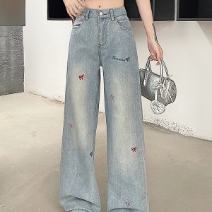 High-Waisted Blue Embroidered Casual Wide-Leg Pants for Women - American High Street Style, Versatile Slim-Fit Design