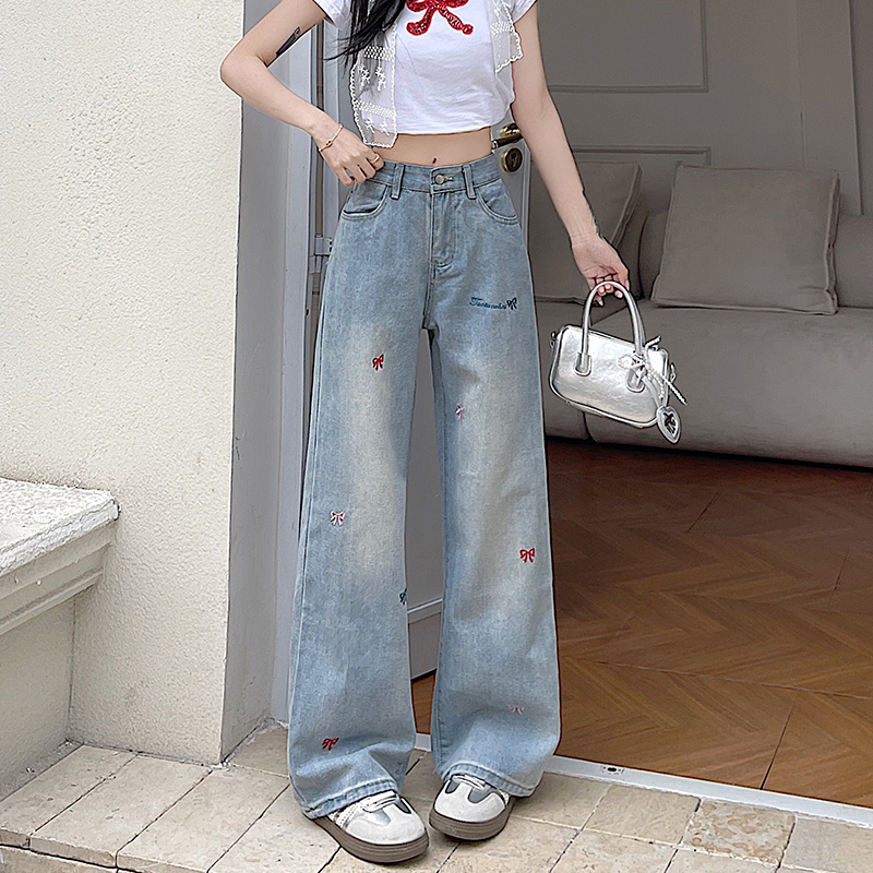 High-Waisted Blue Embroidered Casual Wide-Leg Pants for Women - American High Street Style, Versatile Slim-Fit Design