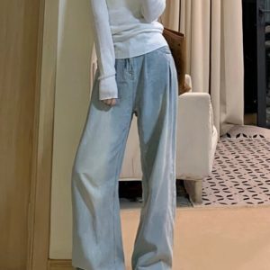 High-Waisted Blue Pleated Tencel Denim Pants for Women – Summer Loose Wide-Leg Ice Silk Straight Trousers