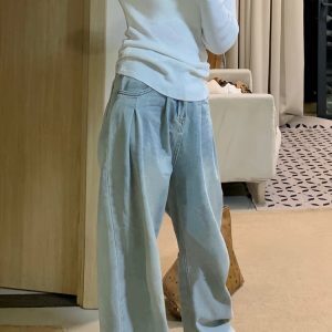 High-Waisted Blue Pleated Tencel Denim Pants for Women – Summer Loose Wide-Leg Ice Silk Straight Trousers