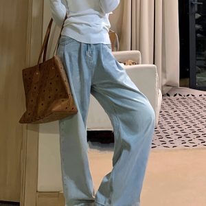 High-Waisted Blue Pleated Tencel Denim Pants for Women – Summer Loose Wide-Leg Ice Silk Straight Trousers
