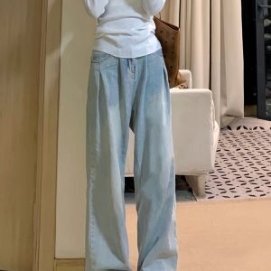 High-Waisted Blue Pleated Tencel Denim Pants for Women – Summer Loose Wide-Leg Ice Silk Straight Trousers