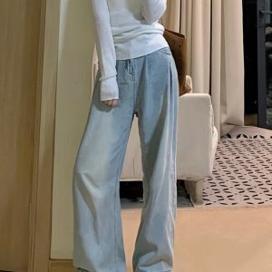 High-Waisted Blue Pleated Tencel Denim Pants for Women – Summer Loose Wide-Leg Ice Silk Straight Trousers