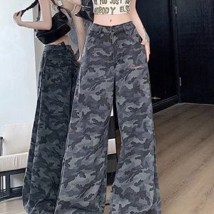 High-Waisted Camouflage Wide-Leg Jeans for Women - Vintage Workwear Inspired, Slim-Fit Loose Straight-Leg Floor-Length Pants