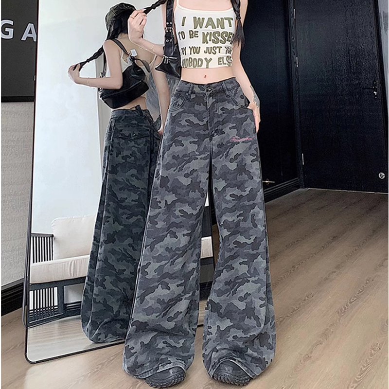 High-Waisted Camouflage Wide-Leg Jeans for Women - Vintage Workwear Inspired, Slim-Fit Loose Straight-Leg Floor-Length Pants