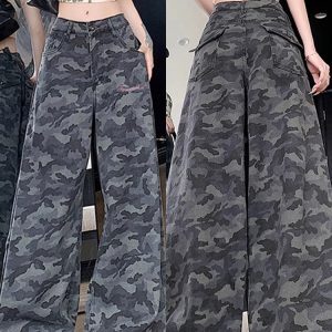 High-Waisted Camouflage Wide-Leg Jeans for Women - Vintage Workwear Inspired, Slim-Fit Loose Straight-Leg Floor-Length Pants