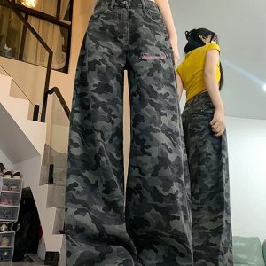 High-Waisted Camouflage Wide-Leg Jeans for Women - Vintage Workwear, Slim-Fit Loose Straight-Leg Floor-Length Pants