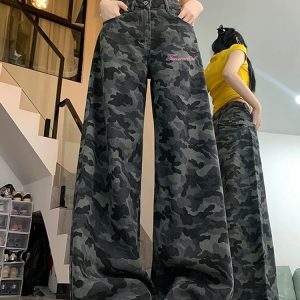 High-Waisted Camouflage Wide-Leg Jeans for Women - Vintage Workwear, Slim-Fit Loose Straight-Leg Floor-Length Pants