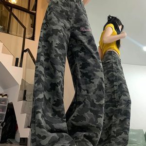 High-Waisted Camouflage Wide-Leg Jeans for Women - Vintage Workwear, Slim-Fit Loose Straight-Leg Floor-Length Pants