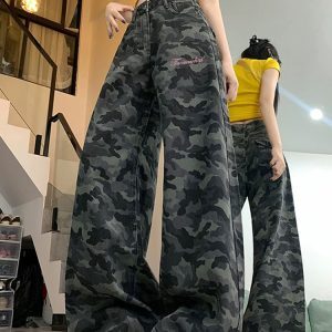High-Waisted Camouflage Wide-Leg Jeans for Women - Vintage Workwear, Slim-Fit Loose Straight-Leg Floor-Length Pants