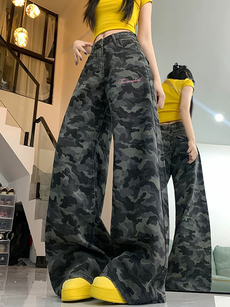 High-Waisted Camouflage Wide-Leg Jeans for Women - Vintage Workwear, Slim-Fit Loose Straight-Leg Floor-Length Pants