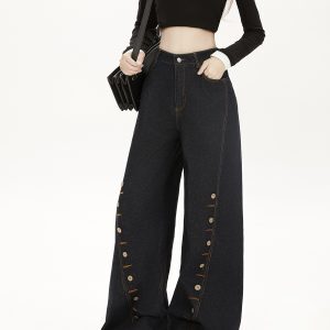 High-Waisted Deep Blue Denim Wide-Leg Pants with Eyelet Button Design - Casual American High Street Trend for Women