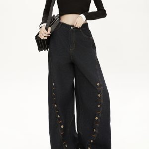 High-Waisted Deep Blue Denim Wide-Leg Pants with Eyelet Button Design - Casual American High Street Trend for Women