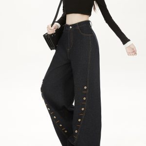 High-Waisted Deep Blue Denim Wide-Leg Pants with Eyelet Button Design - Casual American High Street Trend for Women