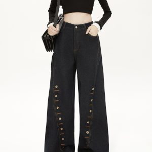 High-Waisted Deep Blue Denim Wide-Leg Pants with Eyelet Button Design - Casual American High Street Trend for Women