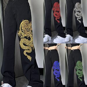 High-Waisted Embroidered Jeans for Women - American Style High Street Trend, Slimming, Versatile Casual Straight-Leg Wide-Leg Pants