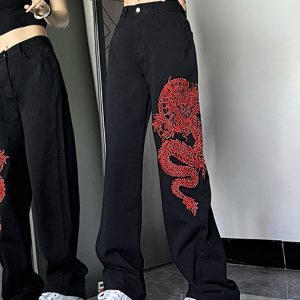 High-Waisted Embroidered Jeans for Women - American Style High Street Trend, Slimming, Versatile Casual Straight-Leg Wide-Leg Pants