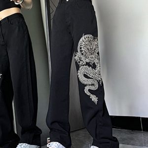 High-Waisted Embroidered Jeans for Women - American Style High Street Trend, Slimming, Versatile Casual Straight-Leg Wide-Leg Pants