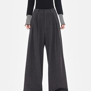 High-Waisted Gray Wool Wide-Leg Suit Pants for Women - Thick Loose Floor-Length Trousers, Perfect for Winter Fashion