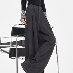 High-Waisted Gray Wool Wide-Leg Suit Pants for Women - Thick Loose Floor-Length Trousers, Perfect for Winter Fashion