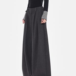 High-Waisted Gray Wool Wide-Leg Suit Pants for Women - Thick Loose Floor-Length Trousers, Perfect for Winter Fashion