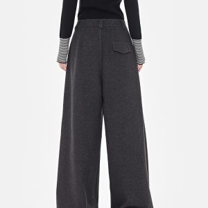 High-Waisted Gray Wool Wide-Leg Suit Pants for Women - Thick Loose Floor-Length Trousers, Perfect for Winter Fashion
