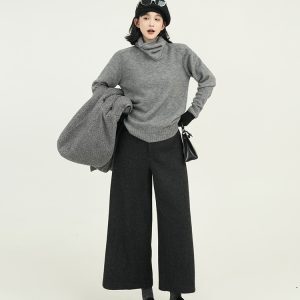 High-Waisted Gray Woolen Wide-Leg Cropped Pants for Women - Loose Slimming Casual Style for Autumn Winter, Korean Fashion